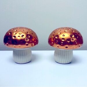 New Target Bullseye Playground Set of 2 Ceramic Mushroom Figurines w/ Copper